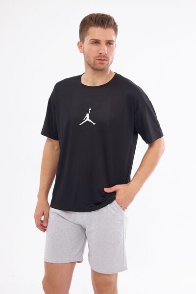 Moda Işık تيشيرت رياضي رجالي جوردان مطبوع باللون الأسود وياقة دائرية