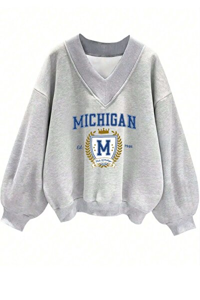 FUWEAR Hanorac oversize cu decolteu în V cu imprimeu Michigan pentru femei