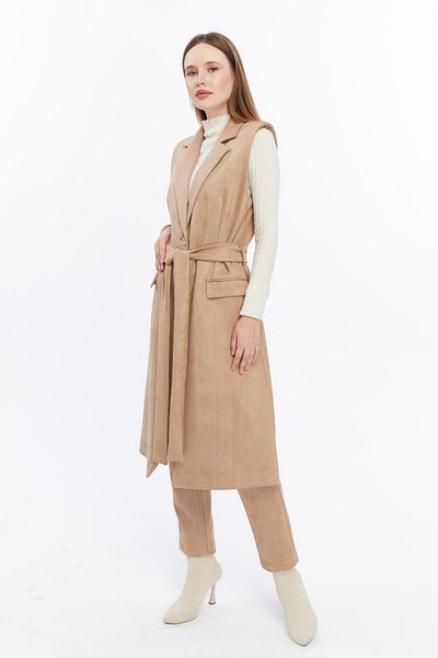 Appleline Vestă lungă de piele de căprioară de culoare BEIGE pentru femei - cu curea