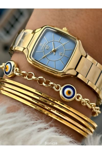 Reward Brand Steel Cord Blue Dial Square Case Women's Wristwatch + Nazar Beaded Bracelet Gift