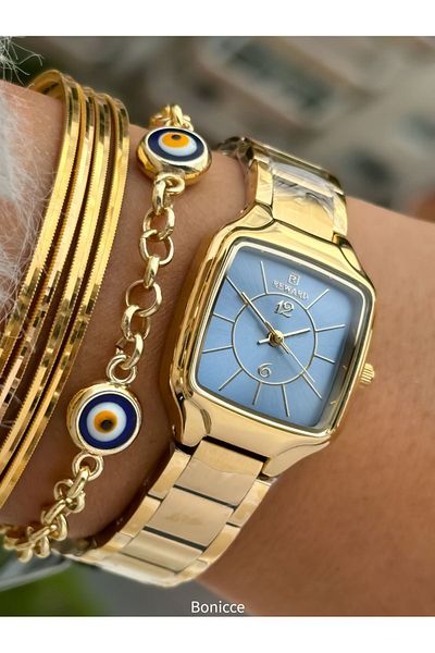 Reward Brand Steel Cord Blue Dial Square Case Women's Wristwatch + Nazar Beaded Bracelet Gift