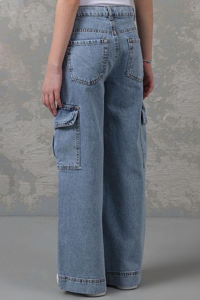 DMB BOYS & GIRLS Pantaloni pentru fete Premium Cargo Pocket Wide Leg Lycra Jean Denim Blue