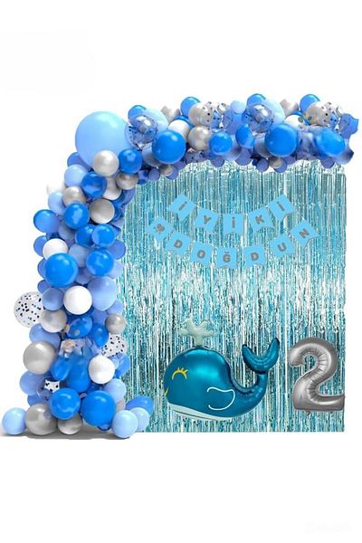 DÜVENCİ TİCARET Blue Silver White Birthday Party Set with Blue Whale Age Foil Balloons