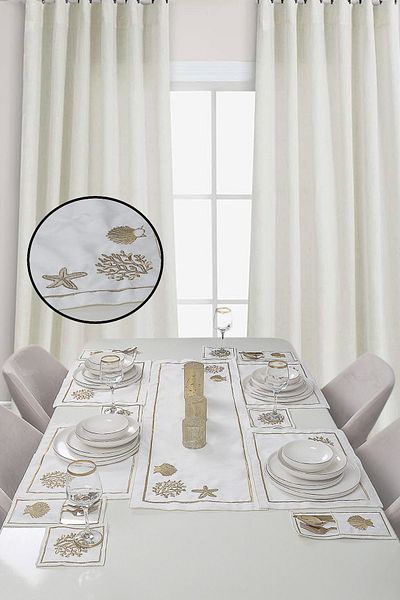 Bonny Home Ocean Cream Gold - Σετ τραπεζαρίας 25 τεμαχίων από κεντημένο λινό λινό για 8 άτομα