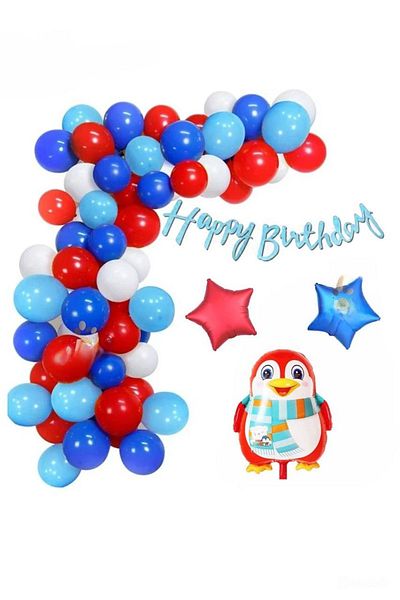 DÜVENCİ TİCARET Penguin Star with Foil Balloons Red Blue White Concept Birthday Party Set