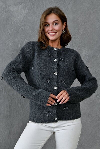 bayansepeti Gray Acrylic Fabric Stylish Button Design Bow Ecru Knitwear Cardigan 1041
