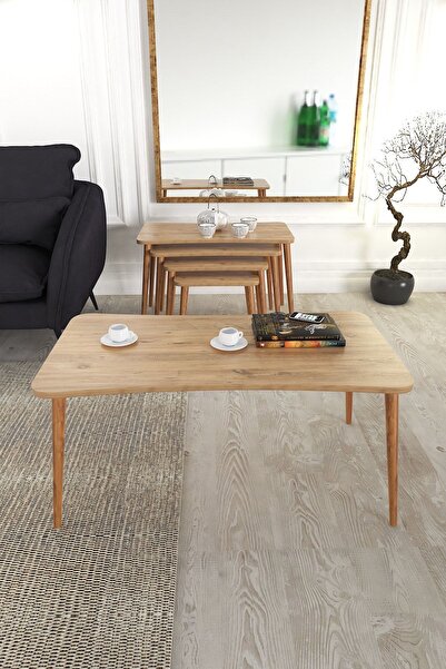 Zuesse Dizayn Aleyna 5li Orta Sehpa Ve Zigon Sehpa Ahşap Ayaklı Çay Kahve Sehpası Xl Salon Seti – Çam