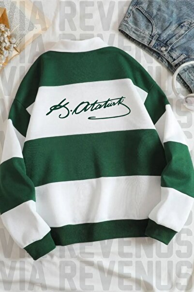 Vordevia Hanorac cu fermoar pe jumătate, cu dungi verde și albe, imprimat Atatürk