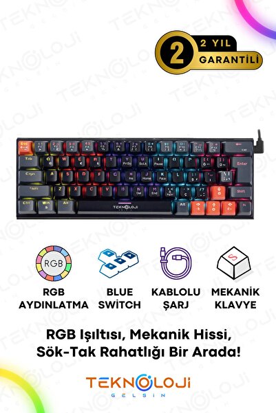 Teknoloji Gelsin Mekanik Oyuncu Klavyesi Blue Switch 18 Farklı Rgb Modu Kablo...