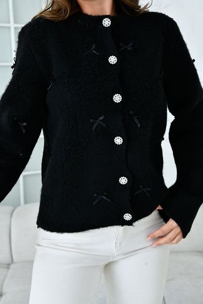 WOMAN VISION Tricotaj de damă negru, țesătură, guler cu nasturi, design cu fundă, cardigan 1041