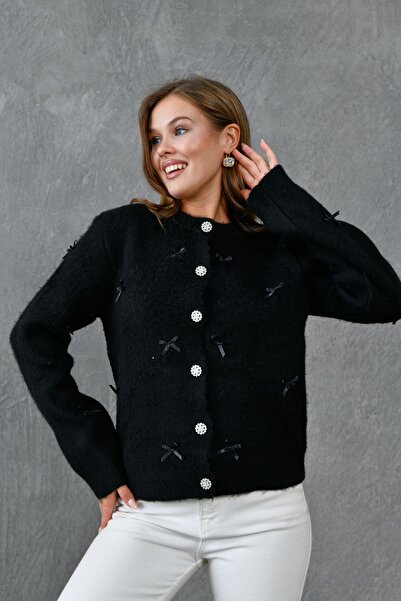 bayansepeti Black Acrylic Fabric Stylish Button Design Bow Ecru Knitwear Cardigan 1041