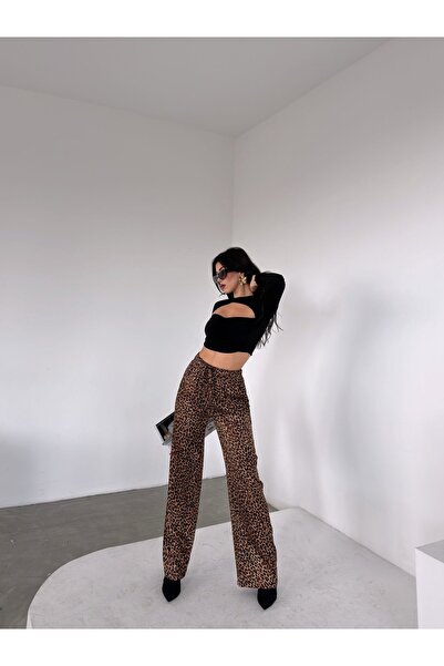 DİMA FASHİON Kadın Yüksek Bel Lastikli Leopar Pantolon
