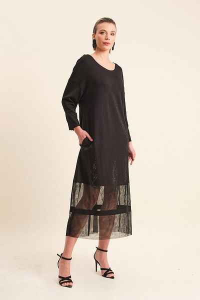 VERDA Plus Size Black Viscose Dress with Pockets and Stone Embroidery