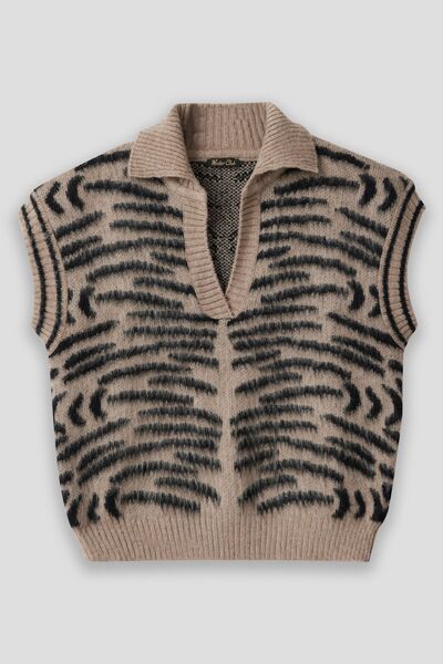 winter club Дамски пуловер с поло яка и оребрен кант - без ръкави, 100% коприна