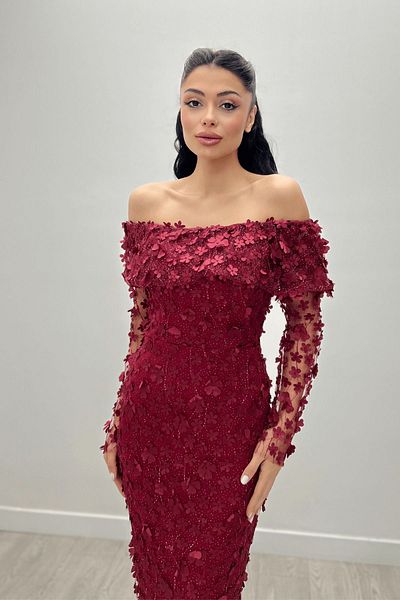 giyimmasalı Three Sizes Floral Fabric Boat Neck Pencil Dress - Claret Red
