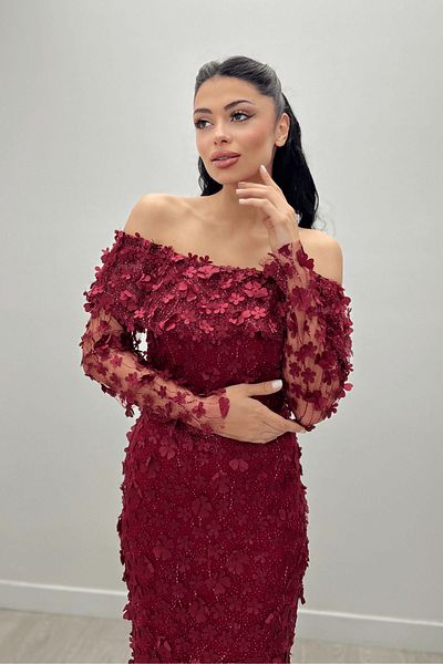 giyimmasalı Three Sizes Floral Fabric Boat Neck Pencil Dress - Claret Red