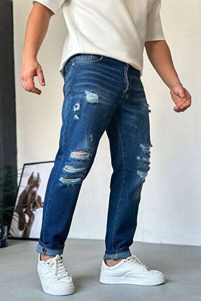 LUVEST ERKEK YIRTIK DETAYLI BOYFRİEND MAVİ JEAN KOT PANTOLON