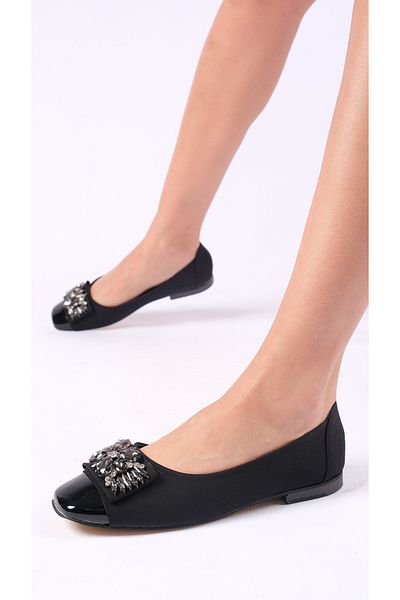 romex Black Color Big Stone Embellished Decorative Babette Shoes Flat Heel Shiny Tip