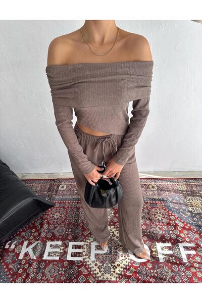 aytenli Бюрюмджук костюм с яка Мадона, триъгълна кройка, блуза с дълъг ръкав, еластична талия и връзки, широки панталони