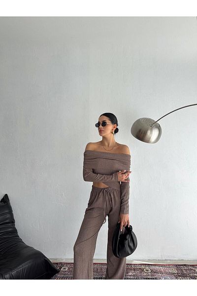 aytenli Bürümcük Suit Madonna Collar Triangle Cut Long Sleeve Blouse Elastic Waist Lace-Up Wide Pants Suit