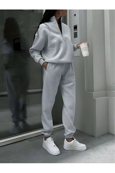 Arz giyim Oversize Sweatshirt Jogger Tracksuit Set - Straight Zipper, Raised Stand Collar