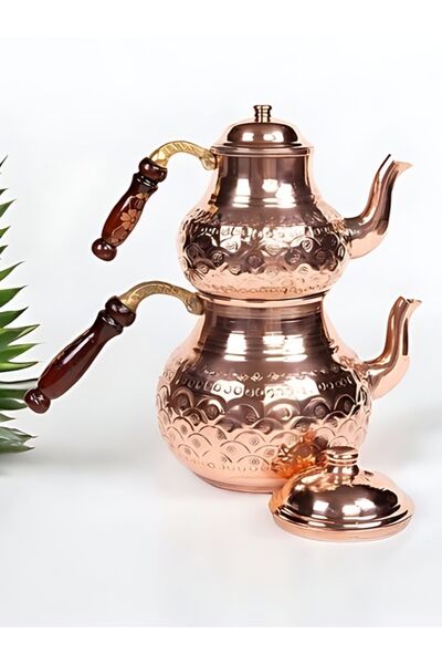 Bakır Center إبريق شاي نحاسي كبير الحجم مزين بالزهور - مصنوع يدويًا وإبريق شاي