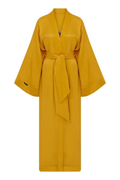 Saraswati Society Sarı Viskos Ipek Sırt Kaplan Nakış Desenli Kimono