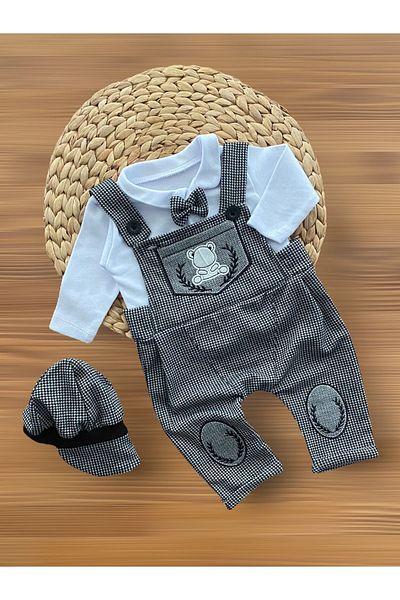 Murat Baby Our Cheerful Babies Hat Bow Tie Checked Pattern 3-Piece Slopet Set