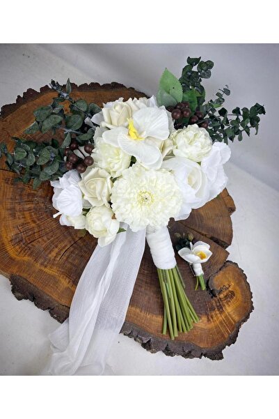 Buketlife Beyaz kasımpatı orkide okaliptuslu gelin çiçeği buketi ve yaka çiçeği