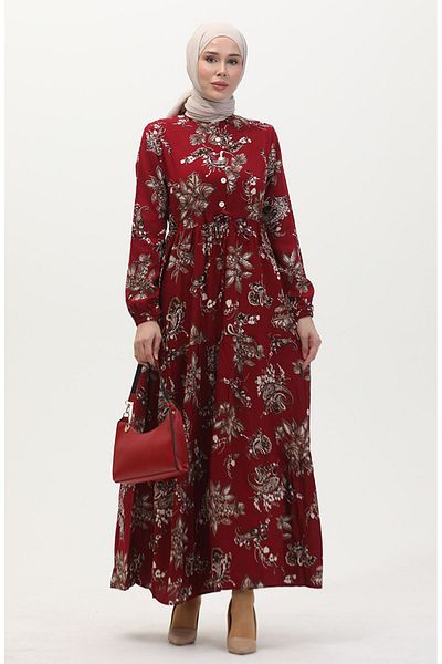 sefamerve Claret Red Patterned Viscose Dress - 0509-03