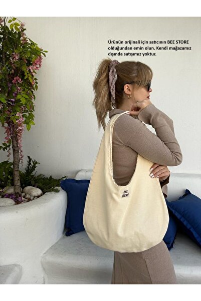 bee store Krem Baget Cırtcırtlı, Astarlı, Kumaş Bez Çanta, Kadın Kol Ve Omuz Çantası