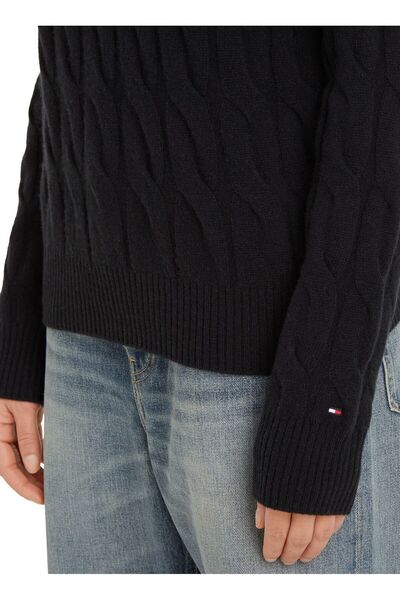 Tommy Hilfiger Yuvarlak Yaka Siyah Kadın Kazak SOFT YÜN CABLE C-NK