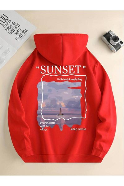 Keywest Унисекс Зимен суичър с щампа Sunset - 3 нишки, 100% памук, суитчър с качулка