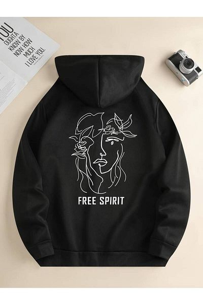 Keywest Χειμερινό φούτερ με στάμπα Free Spirit Unisex Oversize - 3 κλωστές, 100% βαμβάκι, κουκούλα