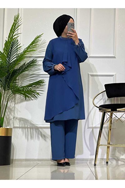 masalabiyem 2222 K80 İNDİGO KOL YAKA TAŞ ŞİFON DETAY TAKIM