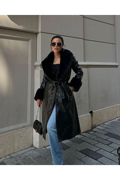 HARMAN BUTİK Women's Leather Trench Coat - Fur Look and Lined Collar
