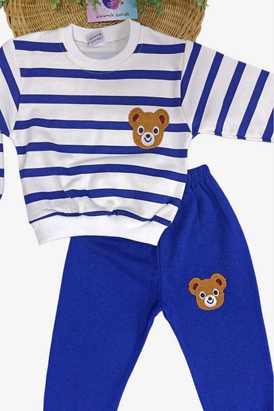 dinamik çocuk 1-9 Years Unisex Kids Set - Teddy Bear Embroidery, 2 Thread Raster, Side Striped Seasonal Bottom and Top Set