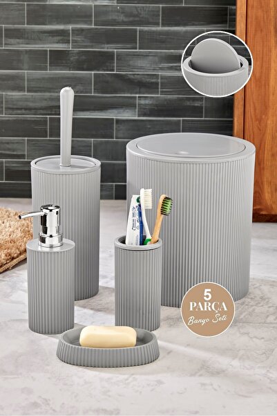 Tugomer 5 Parça Lüx Banyo Seti - Dekoratif Yuvarlak Pratik Kapak Çöp Kovası D...