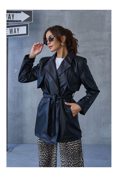 Elif Özbey Butik Trench din piele neagră de mărime medie - cu curea