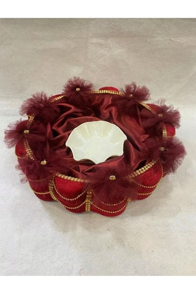 BİRCAN KINA 2-Piece Burgundy Gold Pearl Henna Basket - Engagement and Wedding Circumcision with Slices and Pompoms