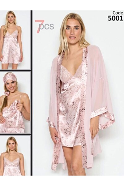 Loremp Çeyiz Seti 5001 Pembe Gecelik Sabahlık Şort 7'li Takım