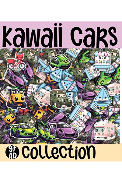 cakaybu Set de 97 de autocolante cu tematică Kawaii Cars (Vehicule) pe 2 coli A4