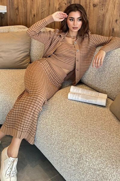 GÜLSELİ Biscuit Women's Striped Crop Blouse Sweater Skirt Knitwear Triple Set