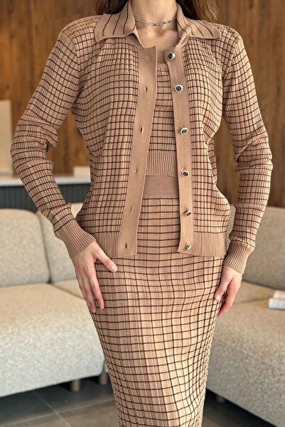 GÜLSELİ Keksz női csíkos Crop blúz pulóver szoknya kötöttáru hármas készlet