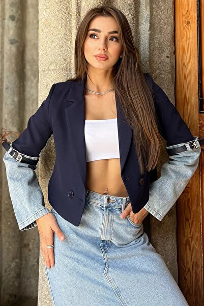 GÜLSELİ Темно-синя джинсова жіноча коротка куртка-піджак
