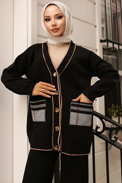 benguen 24116 Black Knitwear Set - Pocket and Cardigan