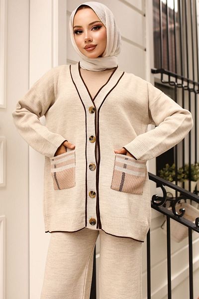 benguen 24116 Pocketed Cardigan Knitwear Set Stone Color