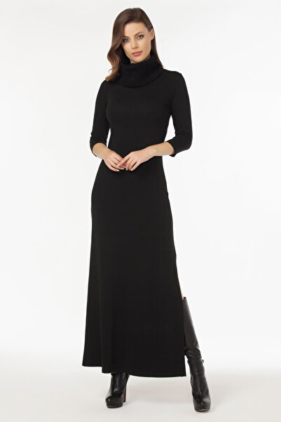 Laranor Black Knitwear Dress - Collar and Slit Detail, Day and Night Elegance 19L6481