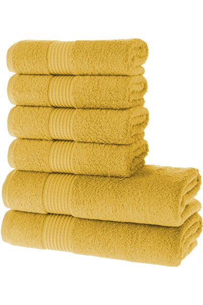 MAURAHOME Tomurcuk %100 Pamuk 6'lı Banyo Ve El Havlu Seti | 2'li 70x140cm Ve 4'lü 50x100cm | Gold