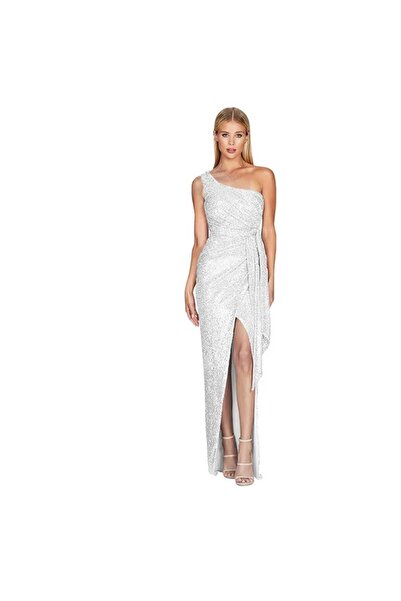 MODAS TEK OMUZLU YIRTMAÇLI UZUN  PUL PAYET ABİYE ELBİSE